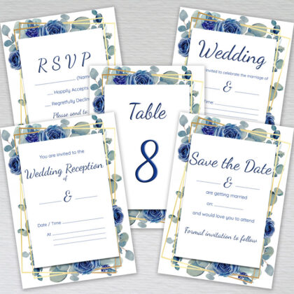 Blue Rose with Eucalyptus Wedding Invitation Collection